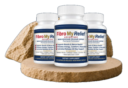 Three bottles of FibroMyRelief Advantage on a stone podium