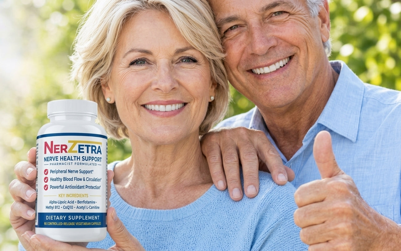 Smiling older couple, the woman holding a bottle of Nerzetra Nerve Health Support